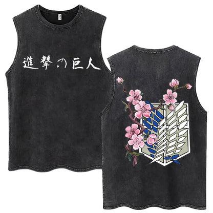 2026 Attack on Titan Wings of Freedom Acid Wash Tank Top, Survey Corps Emblem Anime Print, Oversized Cotton Streetwear Tee