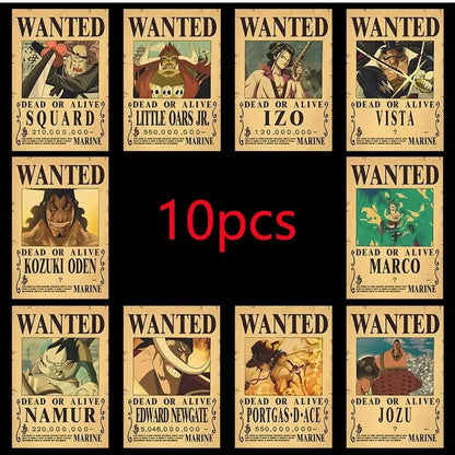 One Pieces 9-13Pcs Set Wanted Vintage Paper Posters Anime Luffy Bedroom Hotel Coffee House Bar Room Wall Deco Posters Toys Gifts