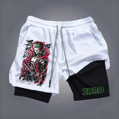 2025 New One Piece Anime Luffy and Zoro Themed Printed Double-layered Shorts, Summer American Men's Sport Loose Pants