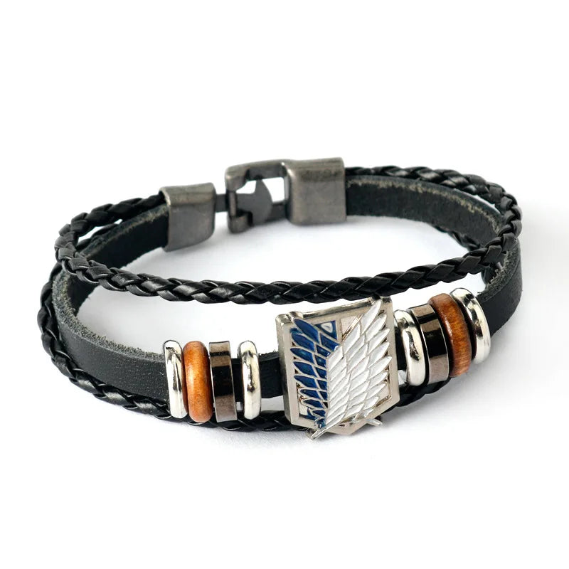 Anime Cartoon Action Attack On Titan - Investigation Corps Logo Bracelet - Leather Weaving Handpiece Boys Birthday Gift