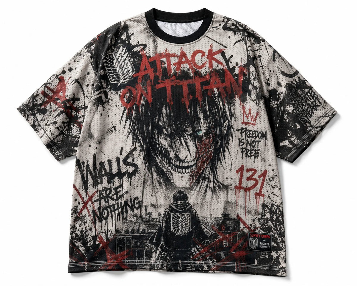 Attack On Titan Giant Titan Survey Corps Graffiti Mesh T Shirt For Men Women Fans Loose Breathable Street Hip Hop Casual Short S