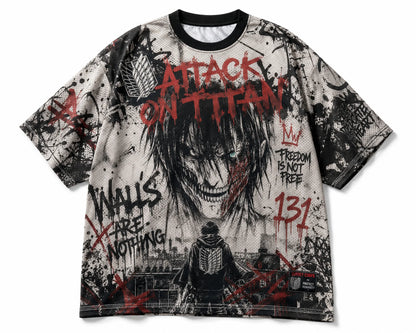Attack On Titan Giant Titan Survey Corps Graffiti Mesh T Shirt For Men Women Fans Loose Breathable Street Hip Hop Casual Short S