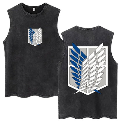 2026 Attack on Titan Wings of Freedom Acid Wash Tank Top, Survey Corps Emblem Anime Print, Oversized Cotton Streetwear Tee