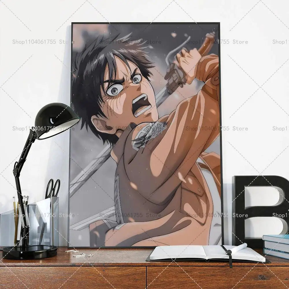Anime Attack on Titan Eren Jeager Poster Self-adhesive Art Waterproof Paper Sticker Coffee House Bar Room Wall Decor