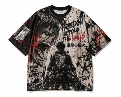 Attack On Titan Giant Titan Survey Corps Graffiti Mesh T Shirt For Men Women Fans Loose Breathable Street Hip Hop Casual Short S