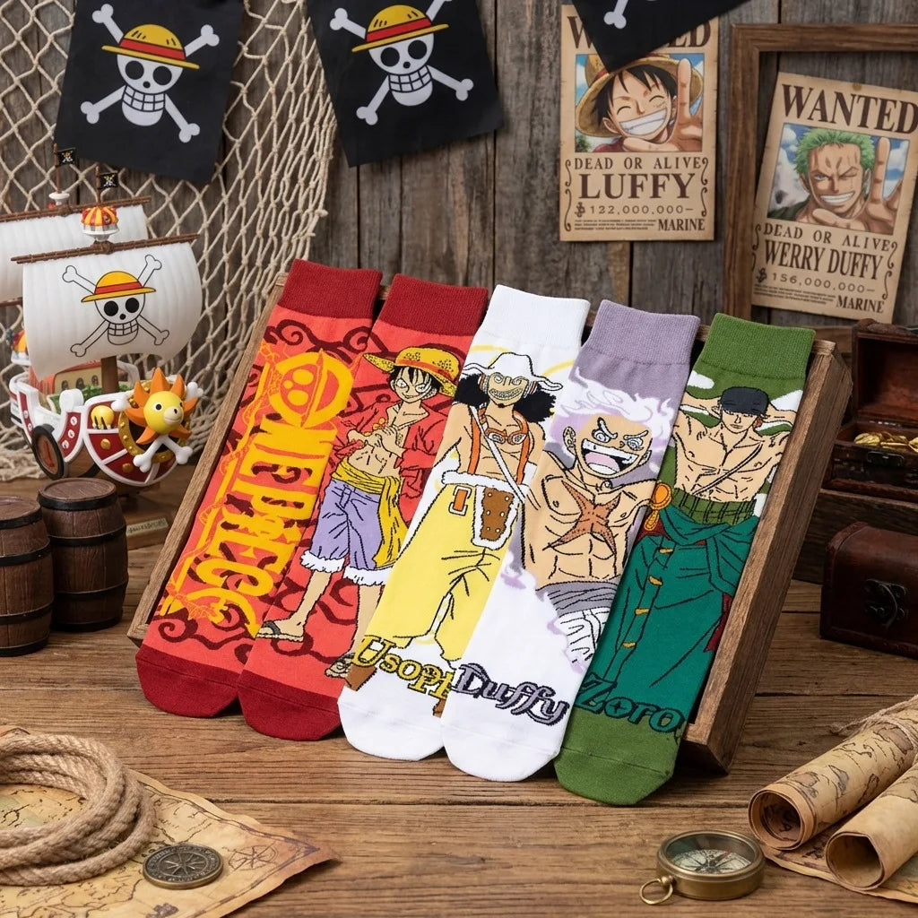 Unisex One Piece Anime Crew Socks Luffy Zoro Gear 5 Cotton Cartoon Streetwear Hosiery for Fans