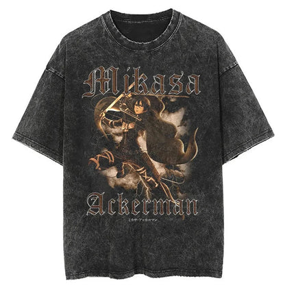 Attack on Titan Mikasa Ackerman Vintage Rock Band-style Wash Print T Shirt Men 2026 Summer Black Oversized Tee Anime Streetwear