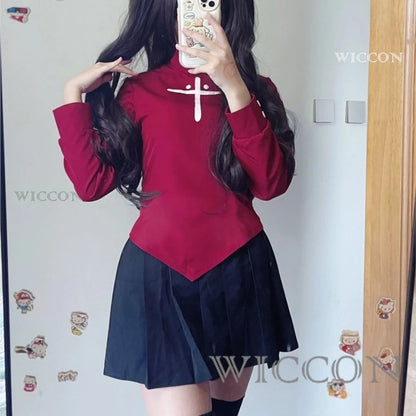 Fate Stay Night Tohsaka Rin Cosplay Costume Long Wig Red Black Skirt