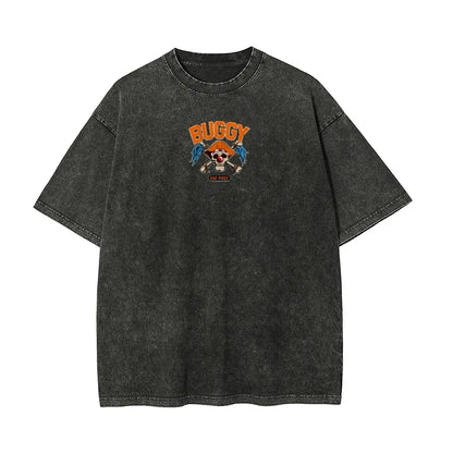 Vintage Washed ONE PIECE Buggy The Clown T-shirt Old Loose Animation Print Street Style Short Sleeve Summer Men's Women's Tops