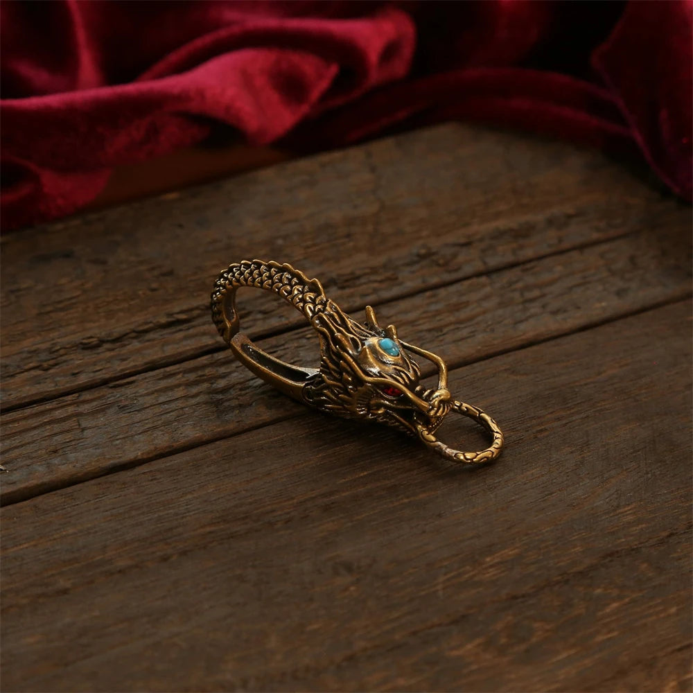 Chinese Dragon Head Keychain & Car Pendant Vintage Brass Red Eyes Protection Amulet Exquisite Craft Jewelry Gift for Men Women