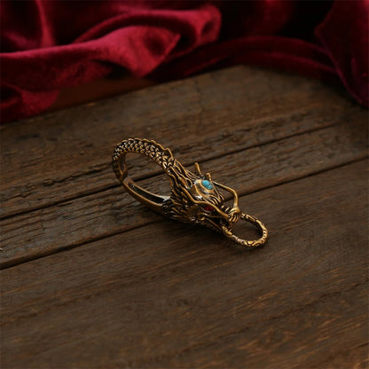 Chinese Dragon Head Keychain & Car Pendant Vintage Brass Red Eyes Protection Amulet Exquisite Craft Jewelry Gift for Men Women