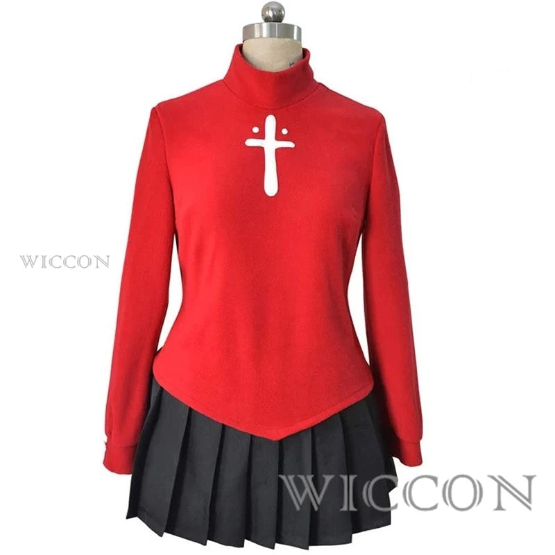 Fate Stay Night Tohsaka Rin Cosplay Costume Long Wig Red Black Skirt