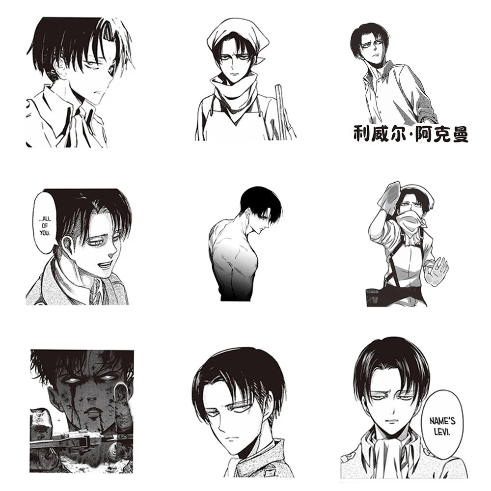 10/30/65pcs Levi Ackerman Attack On Titan Cartoon Stickers Black White Anime Decals for Motorcycle Phone Laptop Cool Sticker Toy