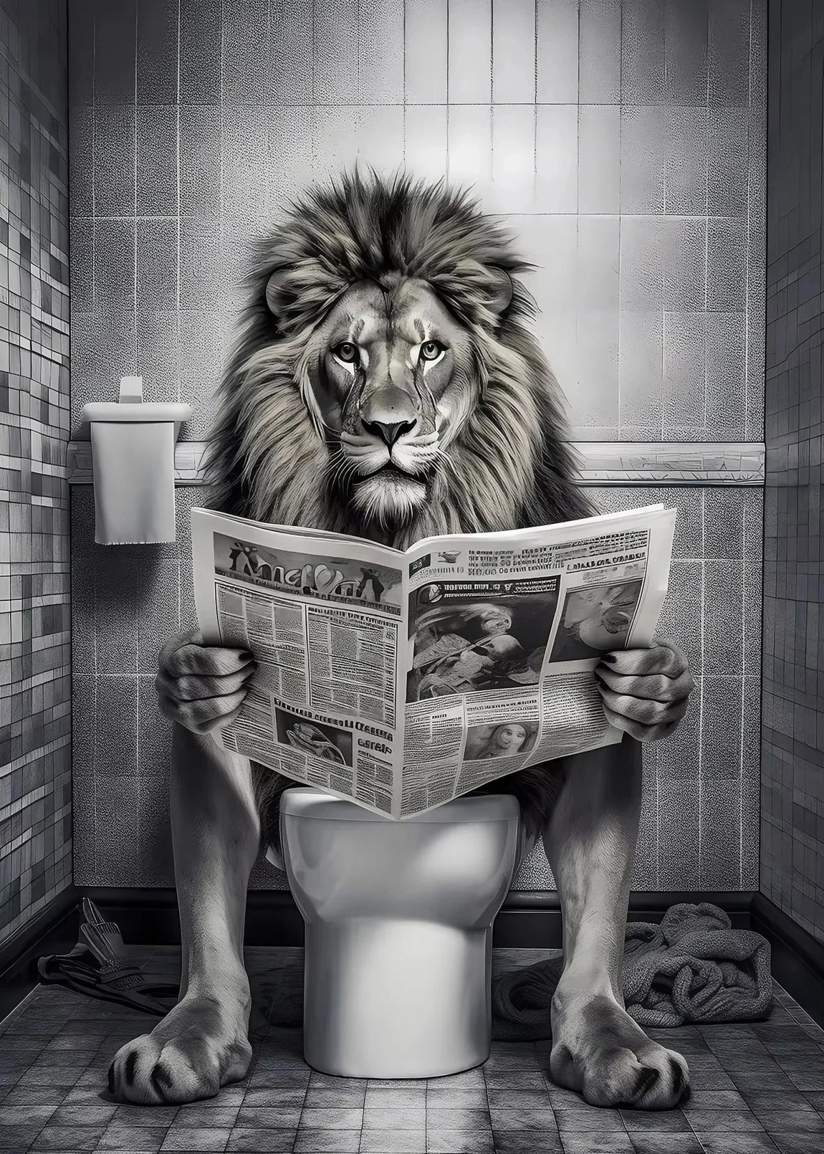 Black and White Lion Cow Sitting on Toilet Reading Newspaper Poster Modern Bathroom Wall Art Picture Canvas Print Home Decor