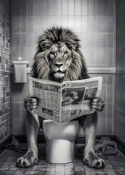 Black and White Lion Cow Sitting on Toilet Reading Newspaper Poster Modern Bathroom Wall Art Picture Canvas Print Home Decor