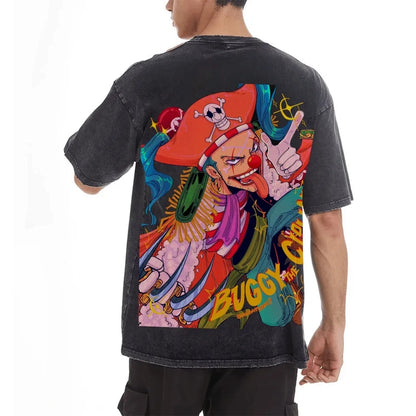Vintage Washed ONE PIECE Buggy The Clown T-shirt Old Loose Animation Print Street Style Short Sleeve Summer Men's Women's Tops