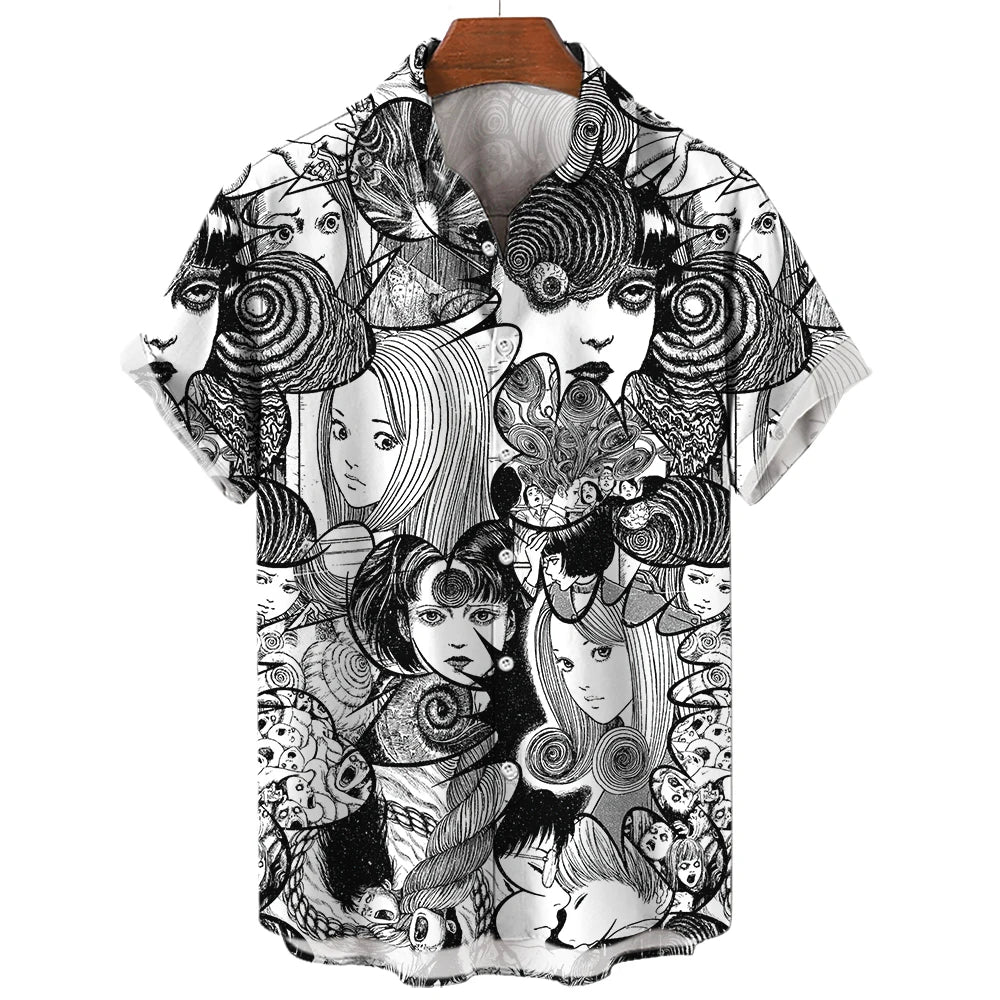 Japanese Anime Pattern Shirts 2023 Summer New men's Shirt 3D Printing Horror Print Hawaiian Clothing Personalized Design Men Top