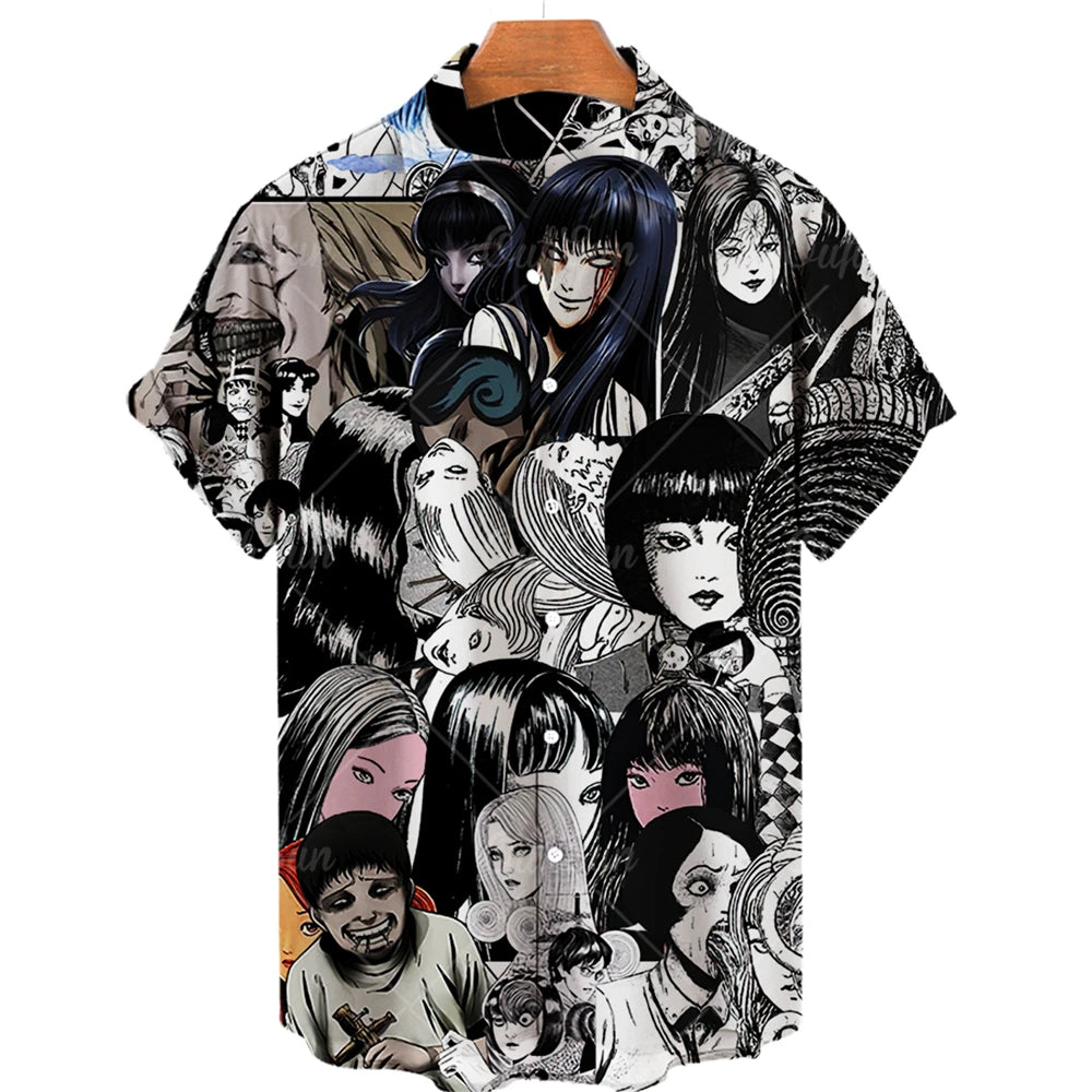 Japanese Anime Pattern Shirts 2023 Summer New men's Shirt 3D Printing Horror Print Hawaiian Clothing Personalized Design Men Top