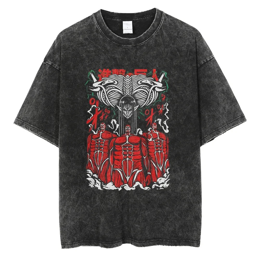 Attack on Titan Mikasa Ackerman Vintage Rock Band-style Wash Print T Shirt Men 2026 Summer Black Oversized Tee Anime Streetwear