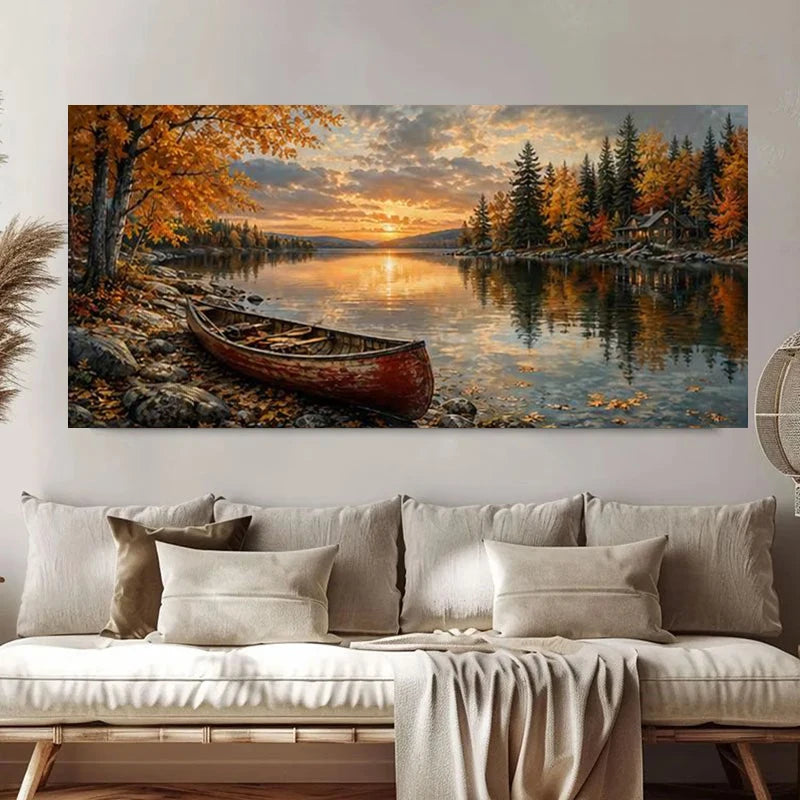Red Canoe on An Autumn Lake Landscape Poster and Prints Canvas Painting Wall Art Pictures Home Decor Cuadros