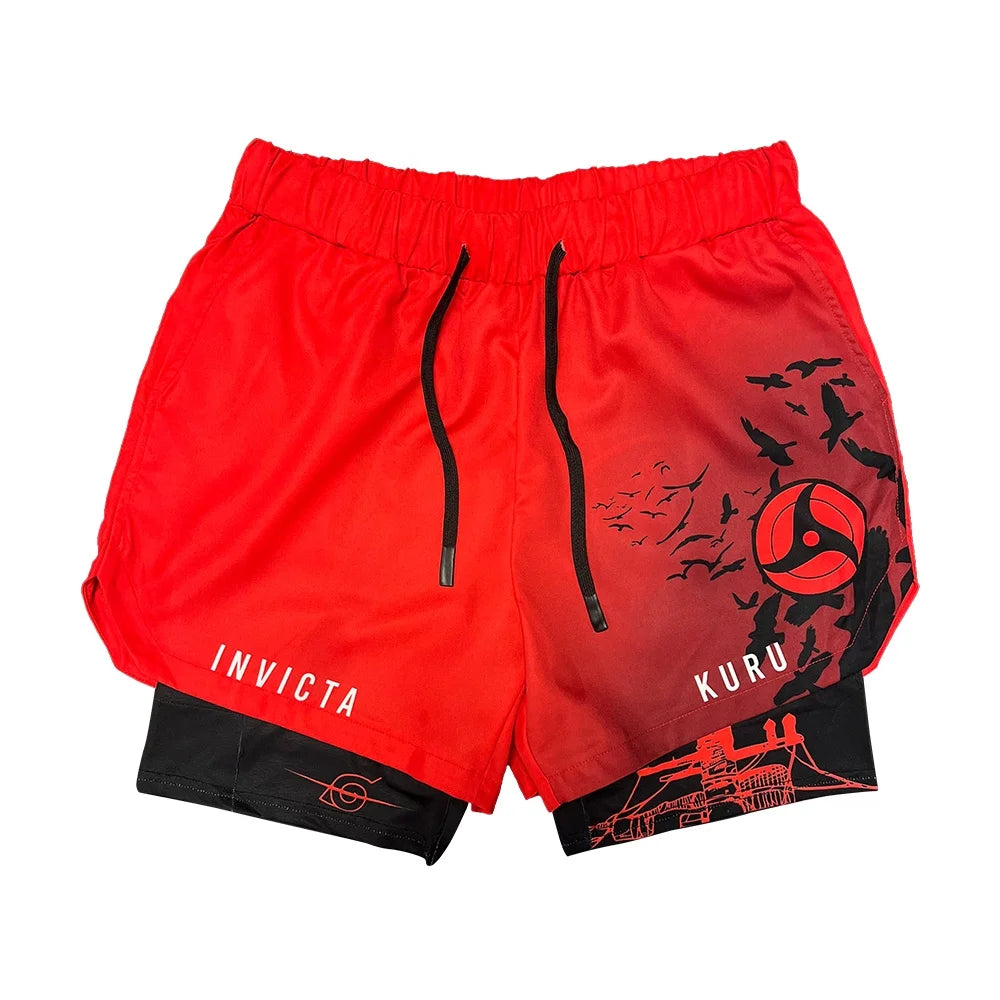 Anime Madara Uchiha Six Paths 2-in-1 Compression Shorts Summer Quick Drying Sport Shorts with Six Tomoe Print Breathable Shorts