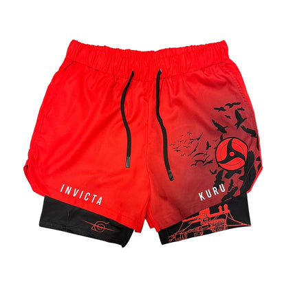 Anime Madara Uchiha Six Paths 2-in-1 Compression Shorts Summer Quick Drying Sport Shorts with Six Tomoe Print Breathable Shorts