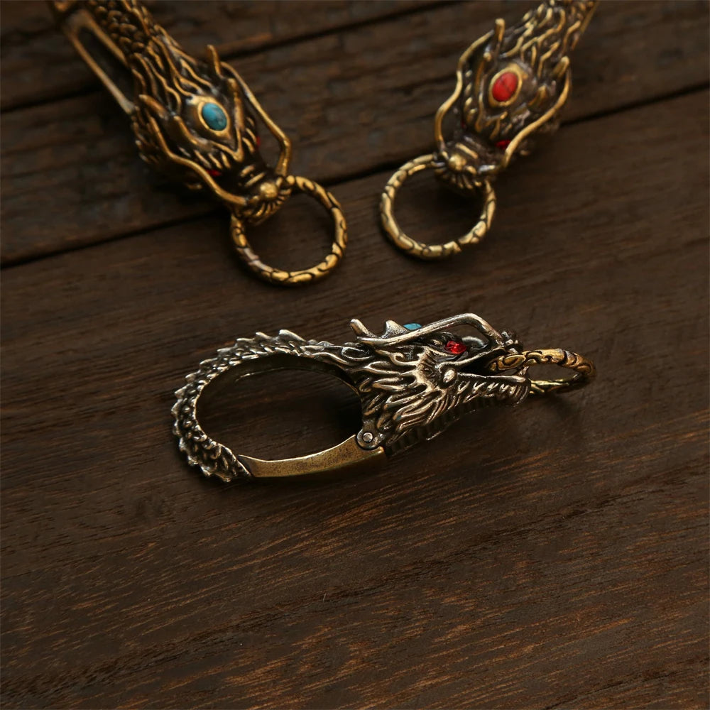 Chinese Dragon Head Keychain & Car Pendant Vintage Brass Red Eyes Protection Amulet Exquisite Craft Jewelry Gift for Men Women