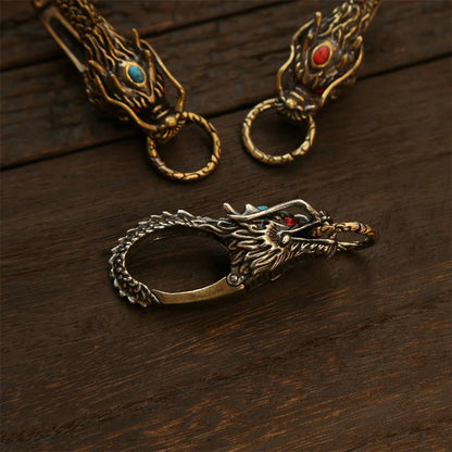 Chinese Dragon Head Keychain & Car Pendant Vintage Brass Red Eyes Protection Amulet Exquisite Craft Jewelry Gift for Men Women
