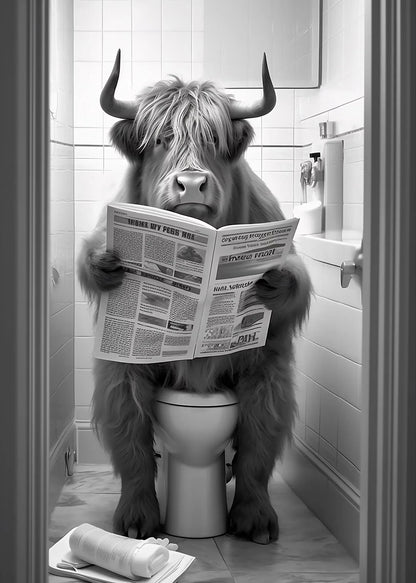 Black and White Lion Cow Sitting on Toilet Reading Newspaper Poster Modern Bathroom Wall Art Picture Canvas Print Home Decor