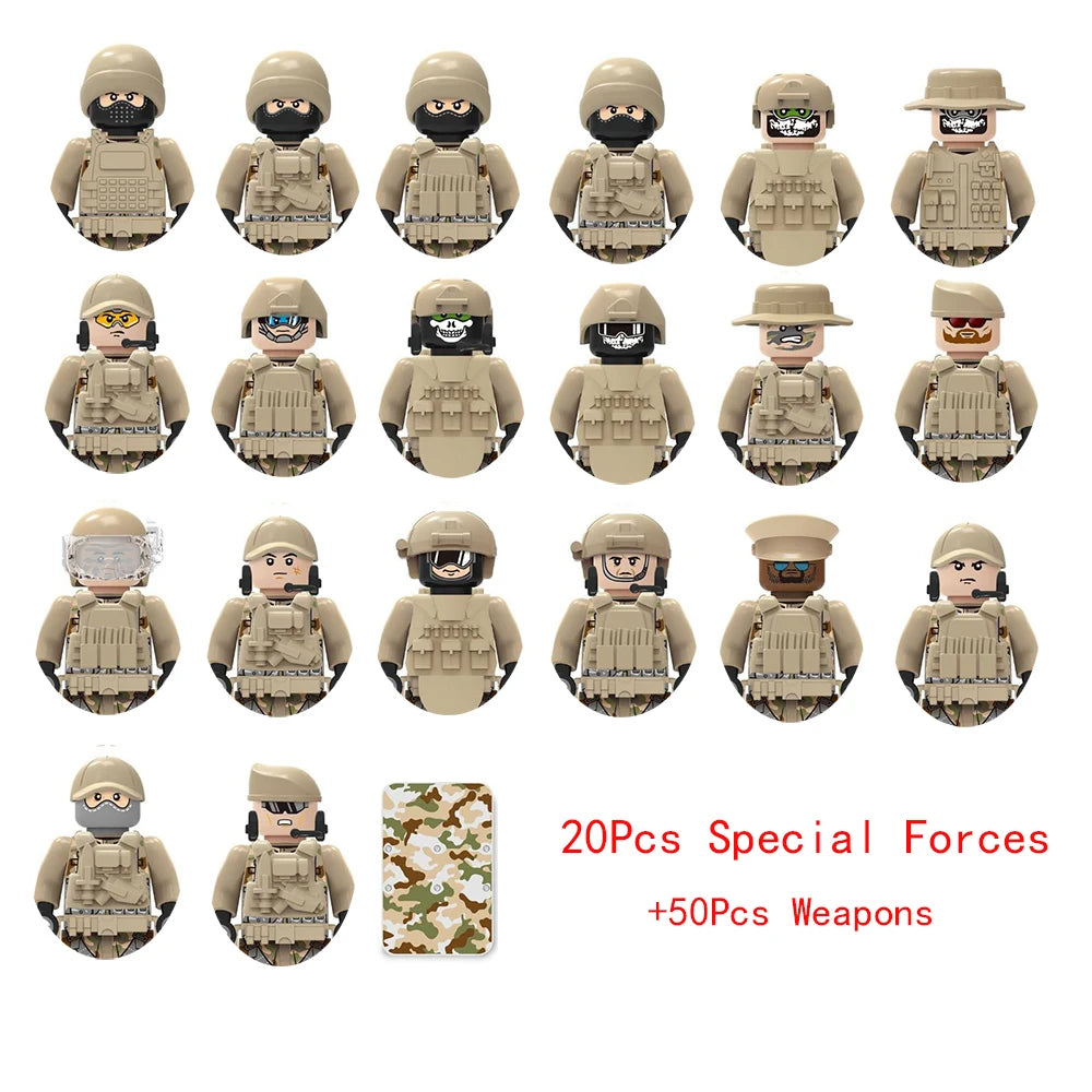 Military Special Forces SWAT Gangster Jeeps Off-Road Vehicle Assault Boat Model Soldier Weapons Building Block Toy For Children