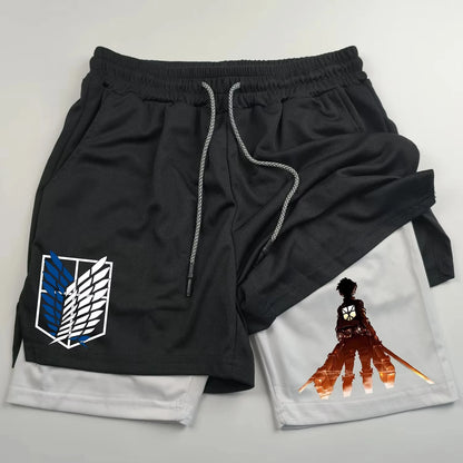 Attack on Titan Anime Collaboration Printing 2-in-1 Sports Shorts Summer New Men's and Women's Fitness Running Leggings Shorts