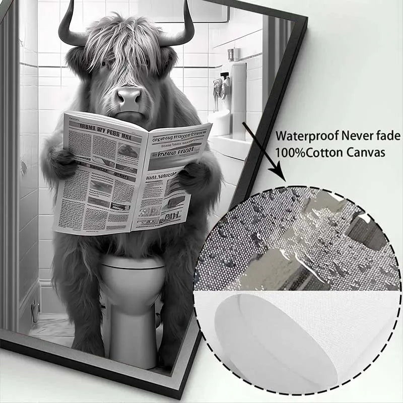 Black and White Lion Cow Sitting on Toilet Reading Newspaper Poster Modern Bathroom Wall Art Picture Canvas Print Home Decor