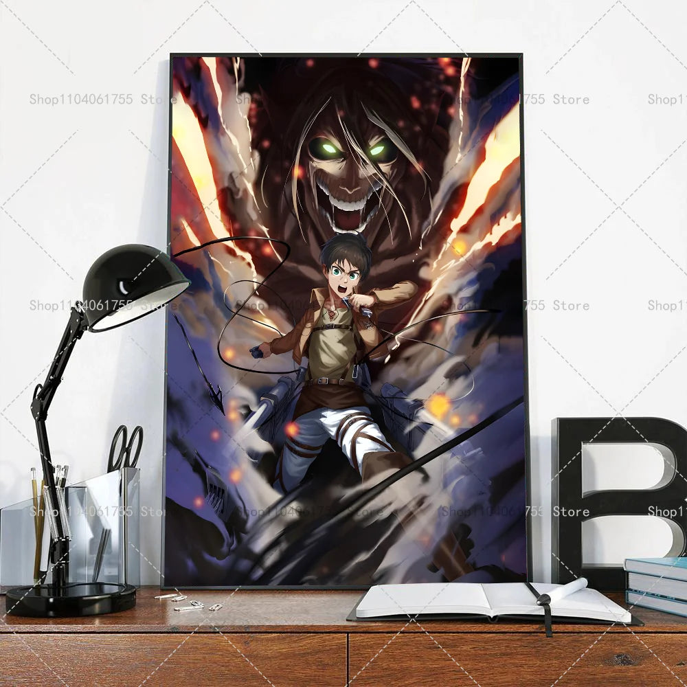 1PC Anime Attack On Titan Eren Jeager Poster Self-adhesive Art Waterproof Paper Sticker Coffee House Bar Room Wall Decor
