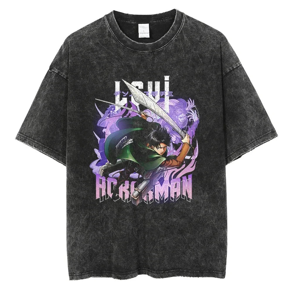 Attack on Titan Mikasa Ackerman Vintage Rock Band-style Wash Print T Shirt Men 2026 Summer Black Oversized Tee Anime Streetwear