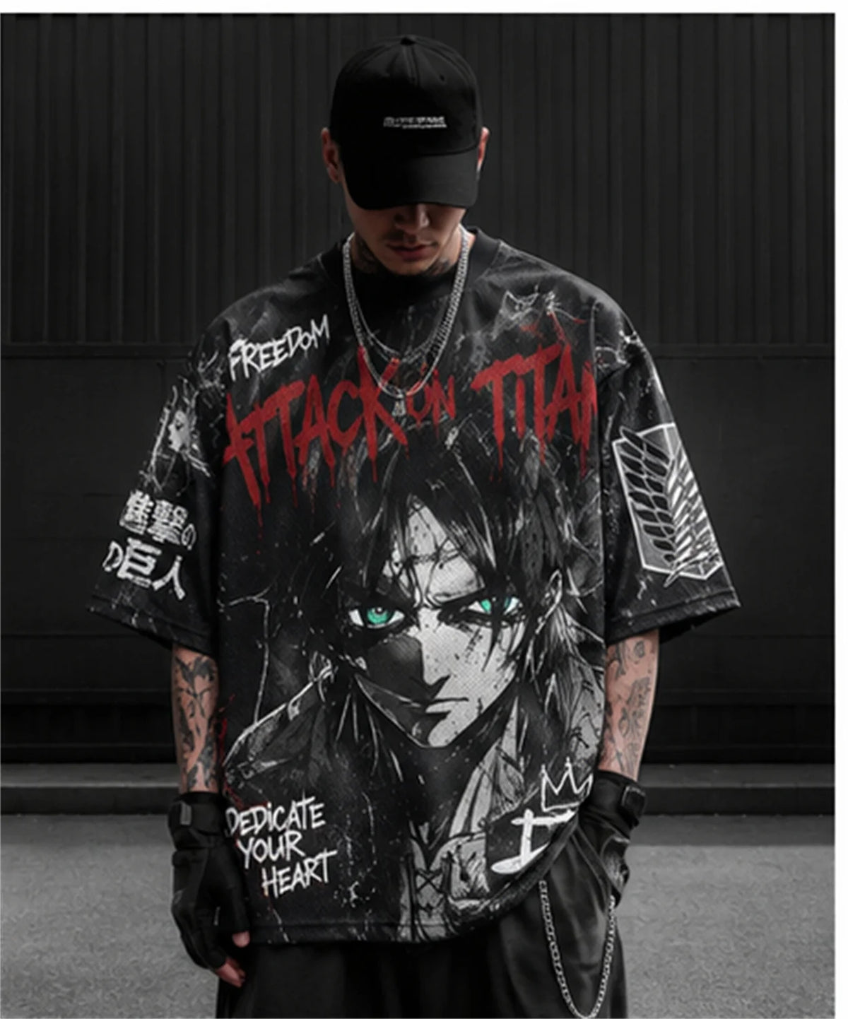 Attack On Titan Eren Anime Graffiti Mesh T Shirt For Men Women Fans Loose Breathable Hip Hop Streetwear Short Sleeve Top