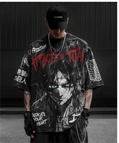 Attack On Titan Eren Anime Graffiti Mesh T Shirt For Men Women Fans Loose Breathable Hip Hop Streetwear Short Sleeve Top
