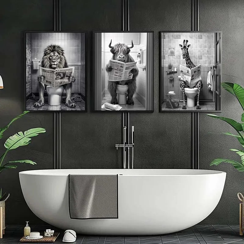 Black and White Lion Cow Sitting on Toilet Reading Newspaper Poster Modern Bathroom Wall Art Picture Canvas Print Home Decor