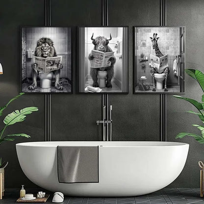 Black and White Lion Cow Sitting on Toilet Reading Newspaper Poster Modern Bathroom Wall Art Picture Canvas Print Home Decor