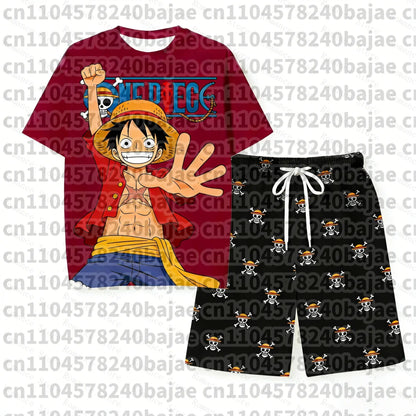 2026 One Piece Luffy Pajama Set Anime Skull Character Sleepwear T-Shirt Shorts for Men's Shirts Women t-shirts Summer Set