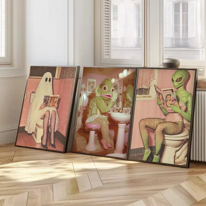 Funny Weird Bathroom Alien on The Toilet Ghost Reading Newspaper Aesthetic Poster Canvas Painting Wall Pictures Home Decor