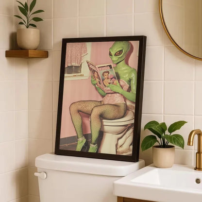 Funny Weird Bathroom Alien on The Toilet Ghost Reading Newspaper Aesthetic Poster Canvas Painting Wall Pictures Home Decor