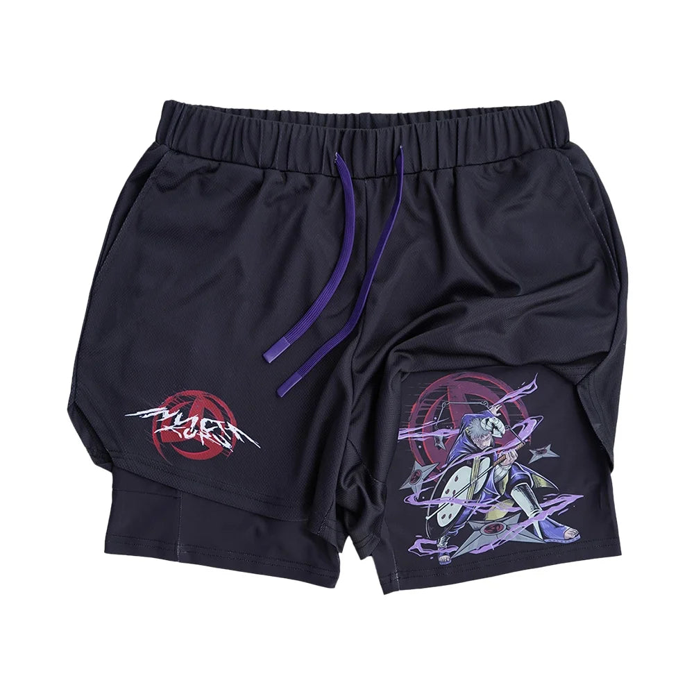 Anime Madara Uchiha Six Paths 2-in-1 Compression Shorts Summer Quick Drying Sport Shorts with Six Tomoe Print Breathable Shorts