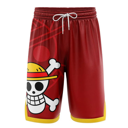 2026 New Bandai One Piece Basketball Shorts for Men - Luffy Straw Hat Jolly Roger Print Suitable for Daily and Training Wear Y2k