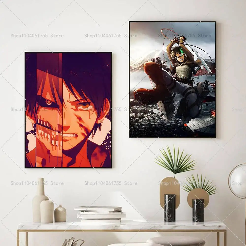 Anime Attack on Titan Eren Jeager Poster Self-adhesive Art Waterproof Paper Sticker Coffee House Bar Room Wall Decor