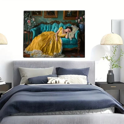 Classical Woman in Yellow Dress Reclines on Green Sofa Poster Prints Canvas Painting Wall Art Picture for Living Room Home Decor