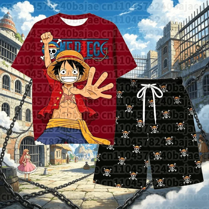 2026 One Piece Luffy Pajama Set Anime Skull Character Sleepwear T-Shirt Shorts for Men's Shirts Women t-shirts Summer Set