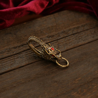 Chinese Dragon Head Keychain & Car Pendant Vintage Brass Red Eyes Protection Amulet Exquisite Craft Jewelry Gift for Men Women