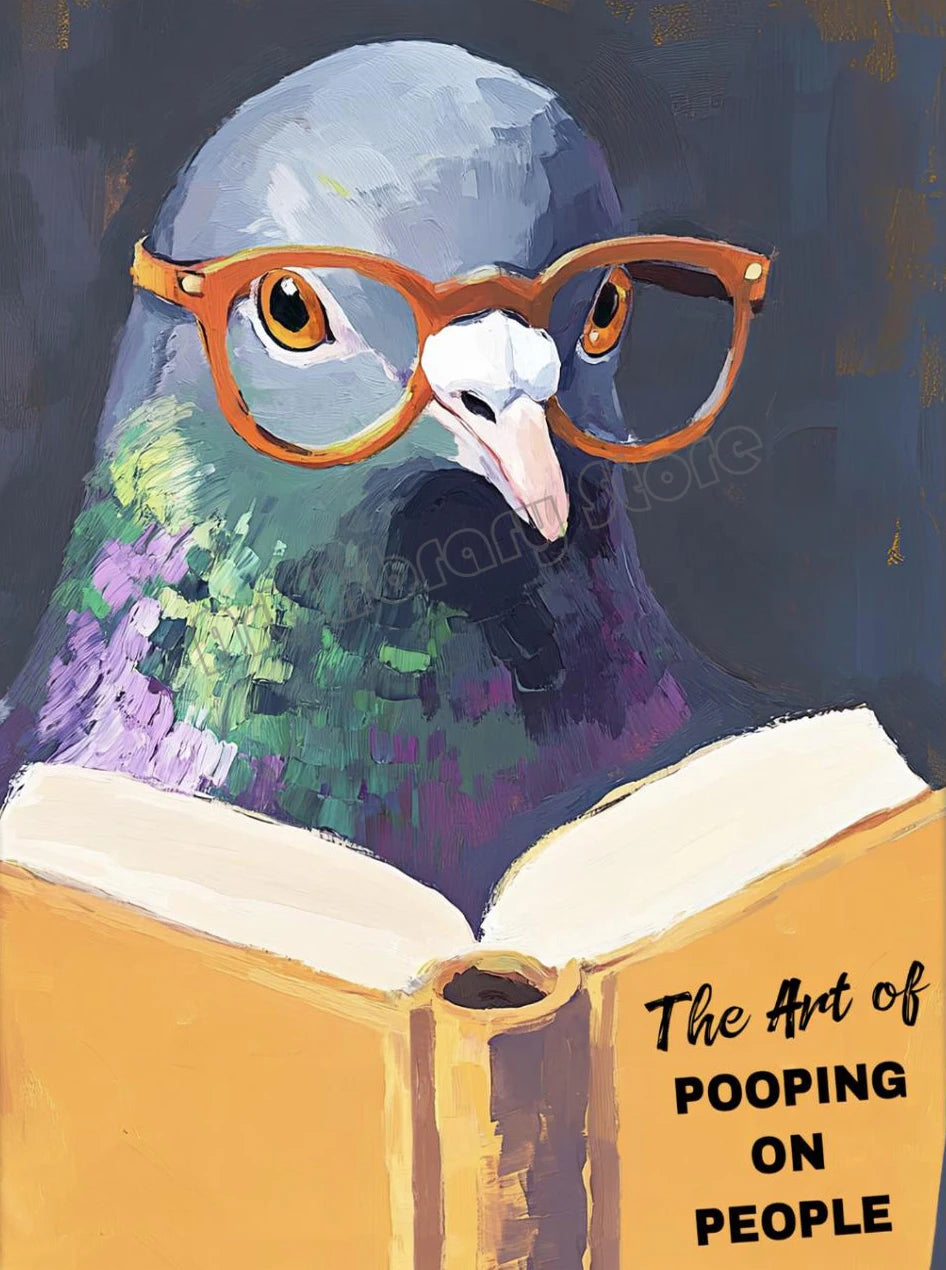 Humorous Pigeon Reading Book Pooping on People Bathroom Funny Animals Poster Canvas Painting Wall Art Pictures Home Toilet Decor