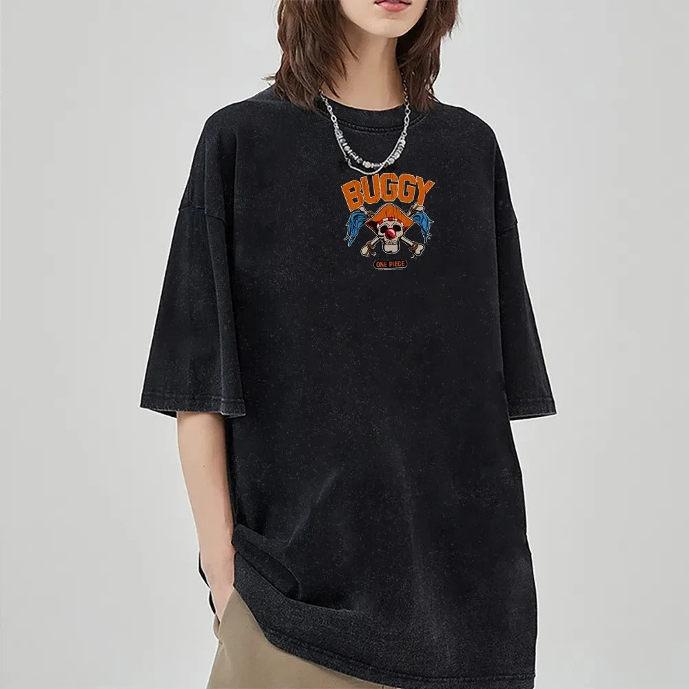 Vintage Washed ONE PIECE Buggy The Clown T-shirt Old Loose Animation Print Street Style Short Sleeve Summer Men's Women's Tops