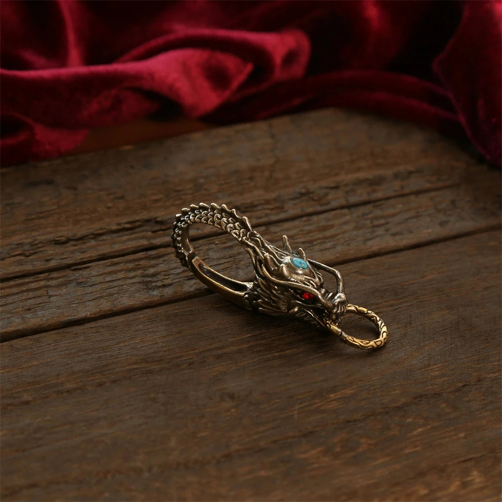 Chinese Dragon Head Keychain & Car Pendant Vintage Brass Red Eyes Protection Amulet Exquisite Craft Jewelry Gift for Men Women